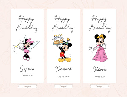 three birthday cards with illustrations of Minnie Mouse and other characters, each with a personalized message for a birthday celebration.