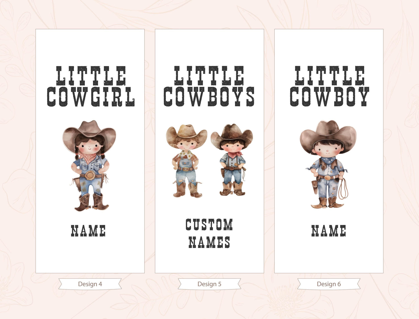 three banners with illustrations of cartoon cowboys and the names &quot;Little Cowboy&quot; and &quot;Little Cowboy Boy&quot; written on them.
