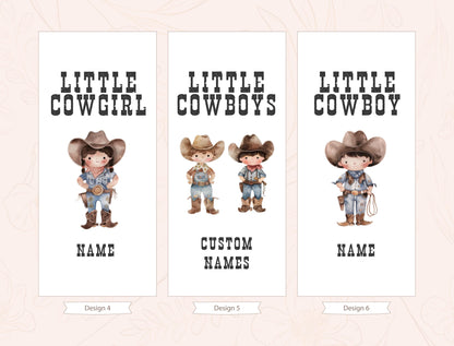 three banners with illustrations of cartoon cowboys and the names &quot;Little Cowboy&quot; and &quot;Little Cowboy Boy&quot; written on them.