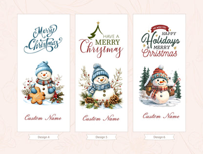 three Christmas-themed banners with snowmen and holiday decorations. Each banner has a unique design and a different message, such as &quot;Merry Christmas&quot; and &quot;Happy Holidays & Merry Christmas&quot;. The banners are labeled with &quot;Custom Name&quot; and &quot;Design 4&quot;, &quot;Design 5&quot;, and &quot;Design 6&quot;, indicating that they can be customized for individual users.