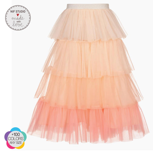 A three-toned tulle skirt with a ruffled texture, featuring a gradient of peach, pink, and white colors.