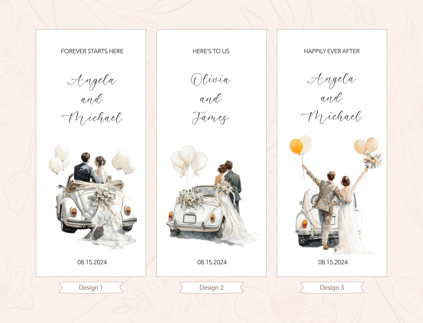 three vertical banners with illustrations of a couple in wedding attire, each with a different car and balloons. The banners are arranged in a row, and the text on them reads &quot;Forever starts here&quot;, &quot;Here to us&quot;, and &quot;Happily ever after&quot;. The banners also display the dates &quot;08.15.2024&quot; and &quot;08.15.2024&quot; at the bottom, indicating that these are design elements for a wedding invitation or event.