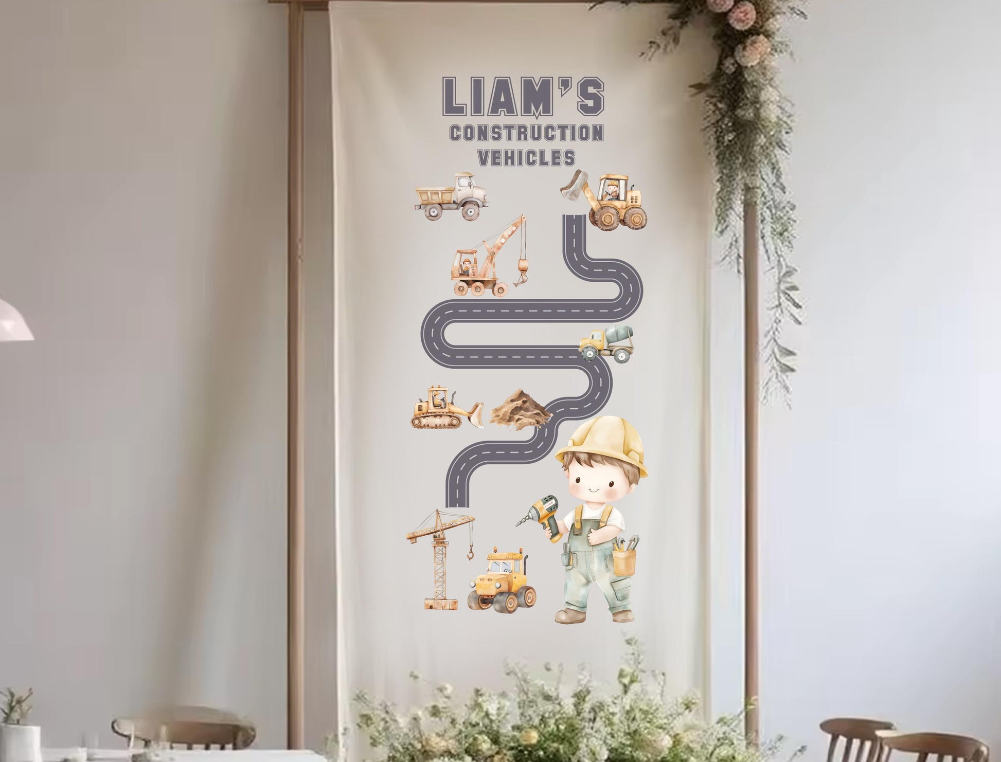 The image is a banner featuring a cartoon construction worker and various construction vehicles, such as cranes and trucks, along with the text &quot;Liam&#39;s Construction Vehicles&quot;.