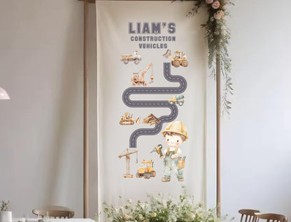 The image is a banner featuring a cartoon construction worker and various construction vehicles, such as cranes and trucks, along with the text &quot;Liam&#39;s Construction Vehicles&quot;.