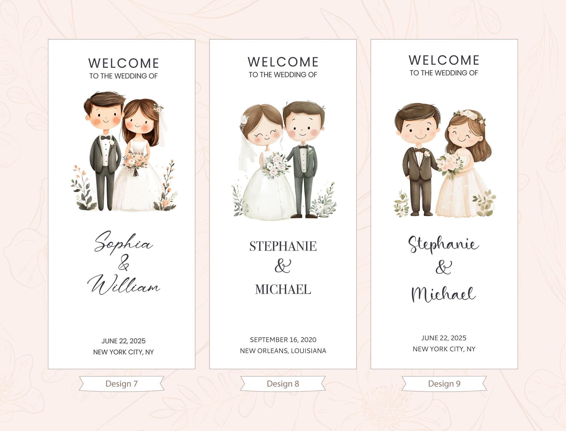 three wedding invitation cards with illustrations of a bride and groom, along with the names of the couple and the date of their wedding.