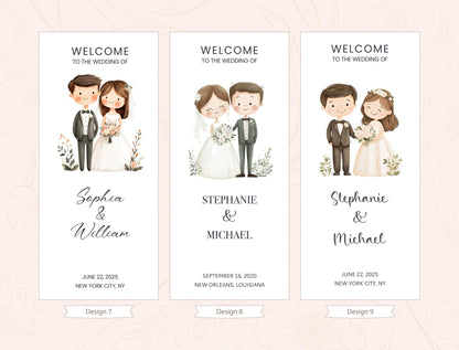 three wedding invitation cards with illustrations of a bride and groom, along with the names of the couple and the date of their wedding.