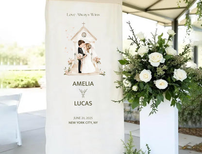 a banner with a couple standing in front of a church, surrounded by a floral arrangement.