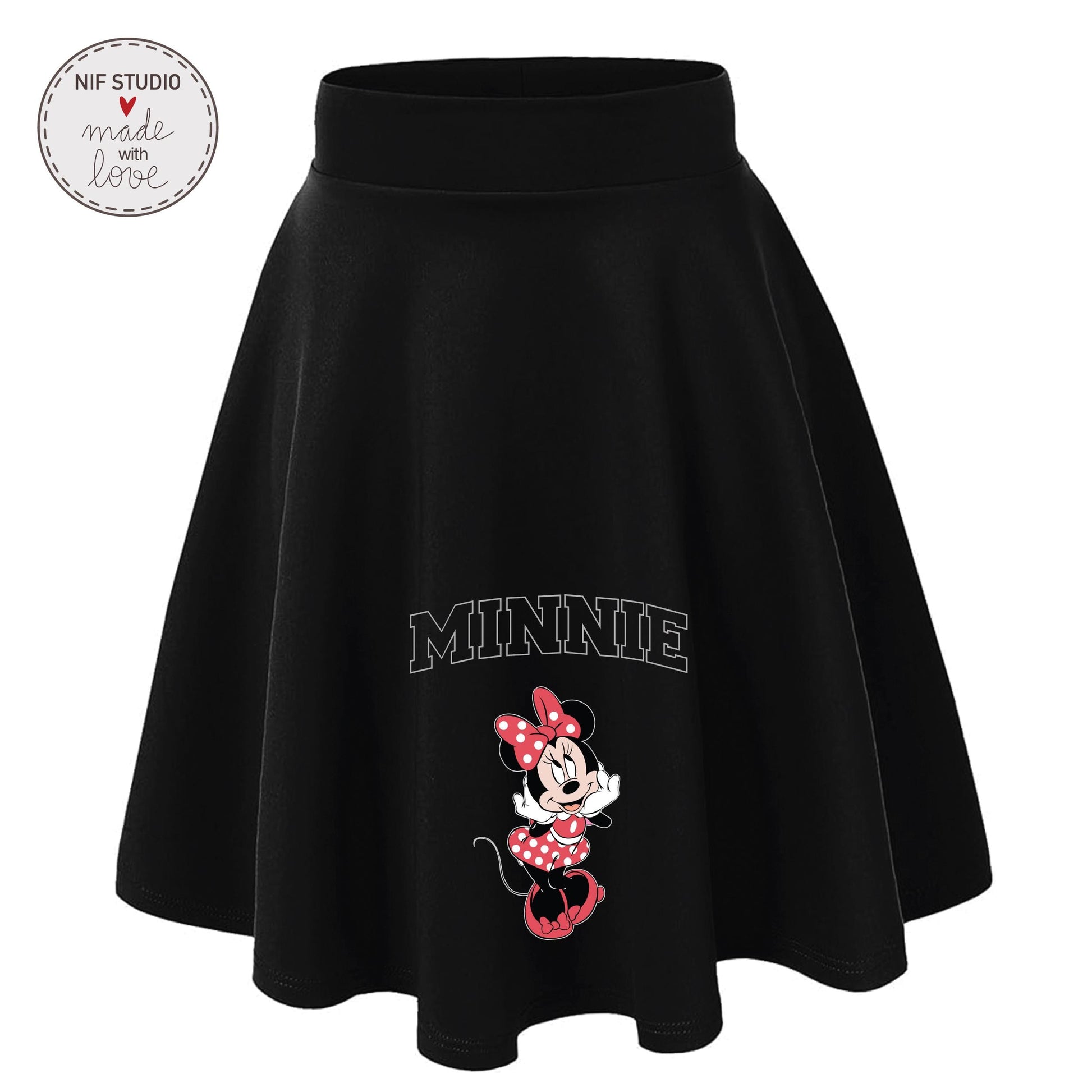 A black skirt with a Minnie Mouse printed on it.