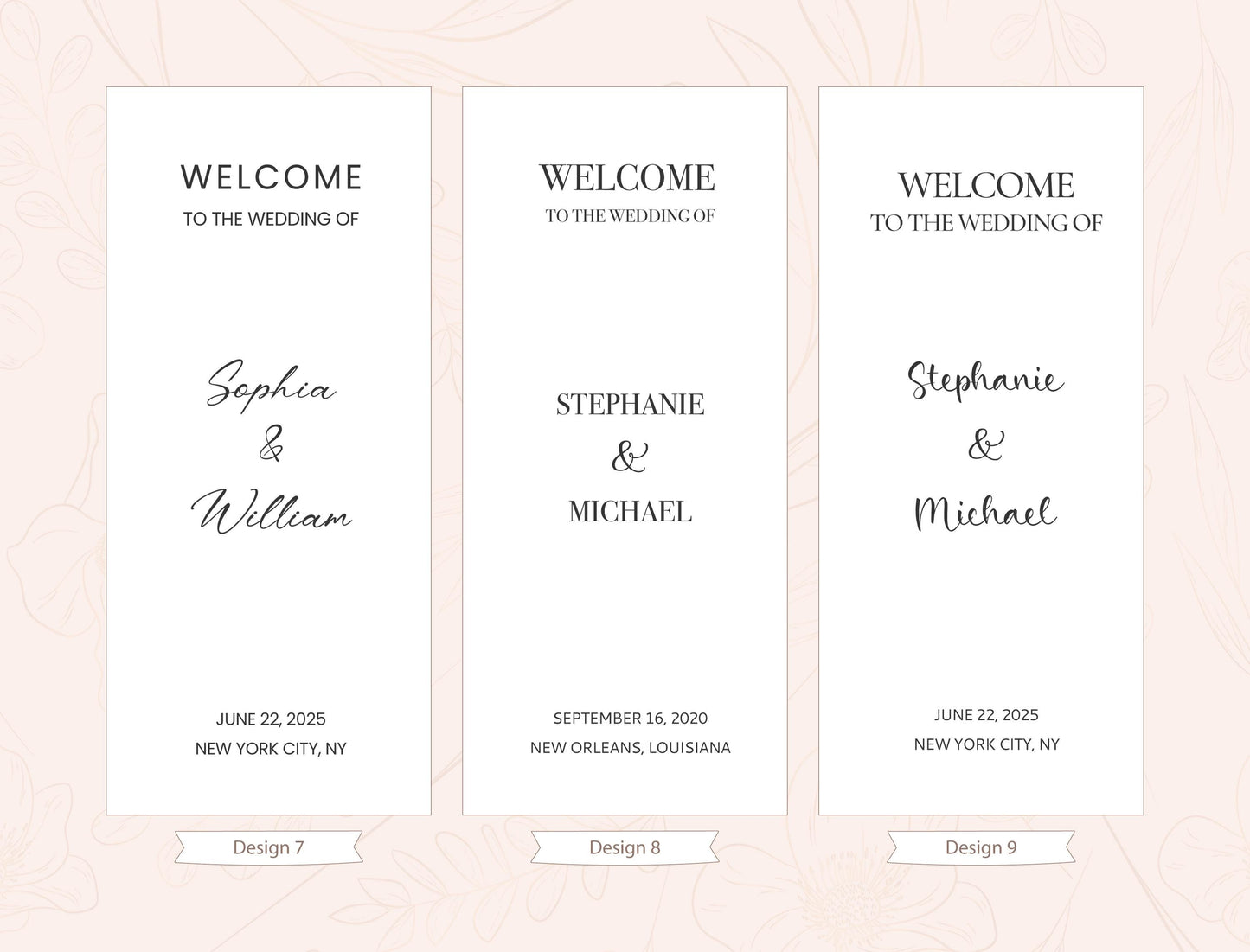 three identical wedding welcome cards, each with a different name and date. The cards are arranged in a row, and the text on each card is identical, welcoming the wedding of two individuals named Stephanie and Michael.