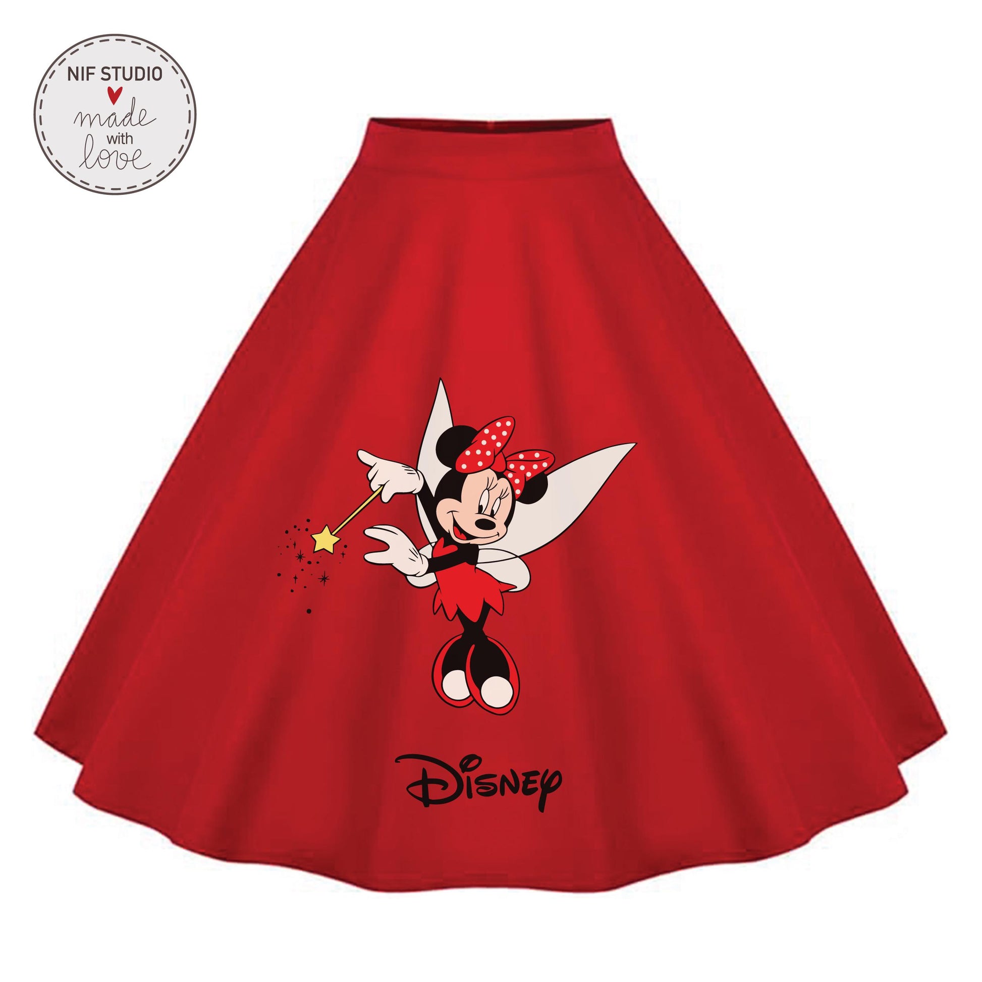 A red, full-skirted skirt with a Minnie Mouse design printed on it.