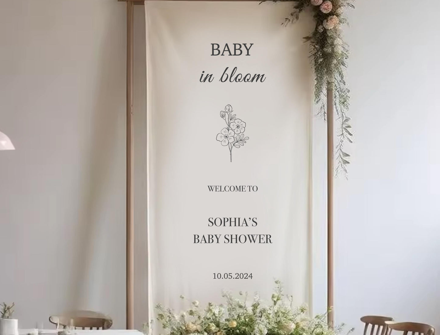 a banner for a baby shower, with floral decorations and text welcoming guests to a baby shower for Sophia.