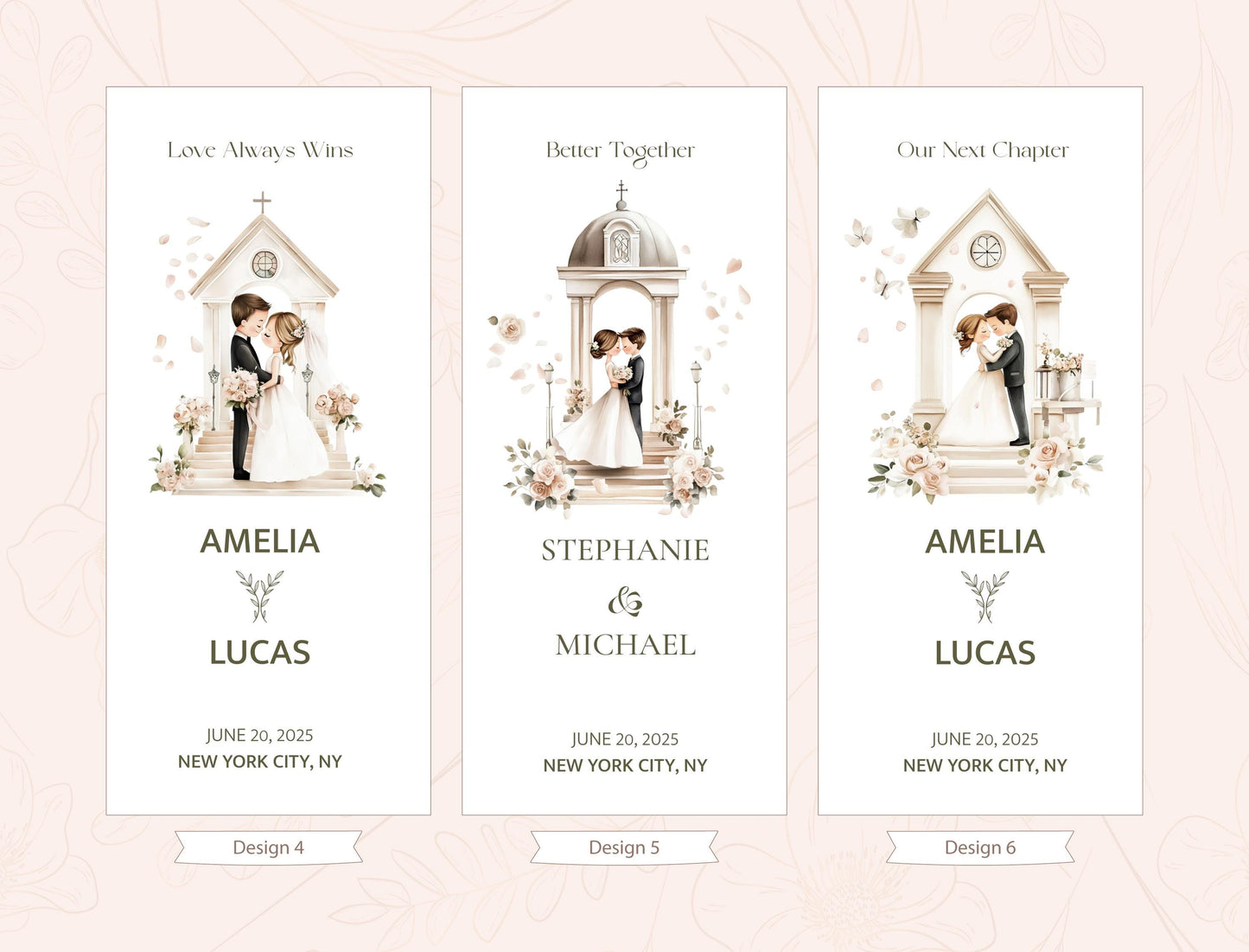 three wedding invitation cards with illustrations of a bride and groom, along with text and dates for their wedding.