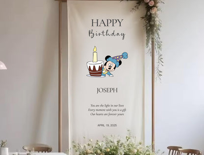 The image is a banner for a birthday celebration, featuring a cartoon character and a cake. The banner has a message that reads &quot;Happy Birthday Joseph&quot; and includes a date, &quot;APRIL 19, 2026&quot;.