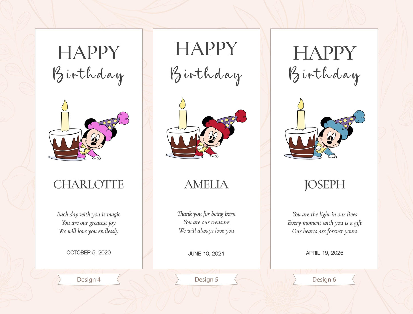 three birthday cards with illustrations of Minnie Mouse and candles on cakes. Each card has a personalized message for a birthday celebration.
