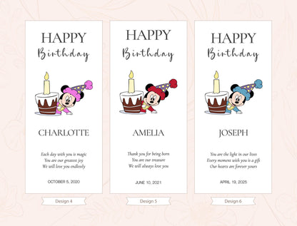 three birthday cards with illustrations of Minnie Mouse and candles on cakes. Each card has a personalized message for a birthday celebration.