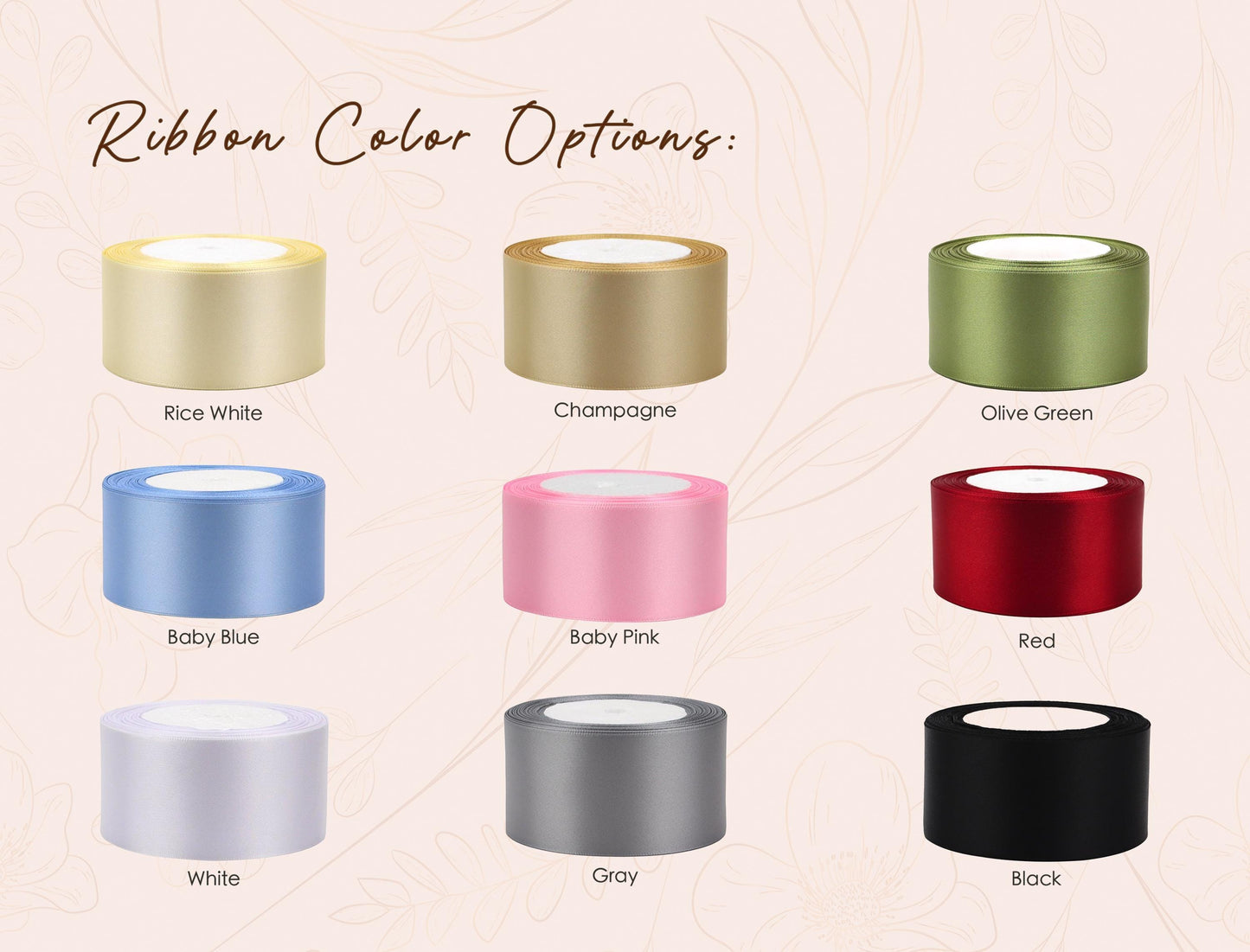 a collection of nine different colored ribbons, each with a unique color and label, arranged in a grid format.