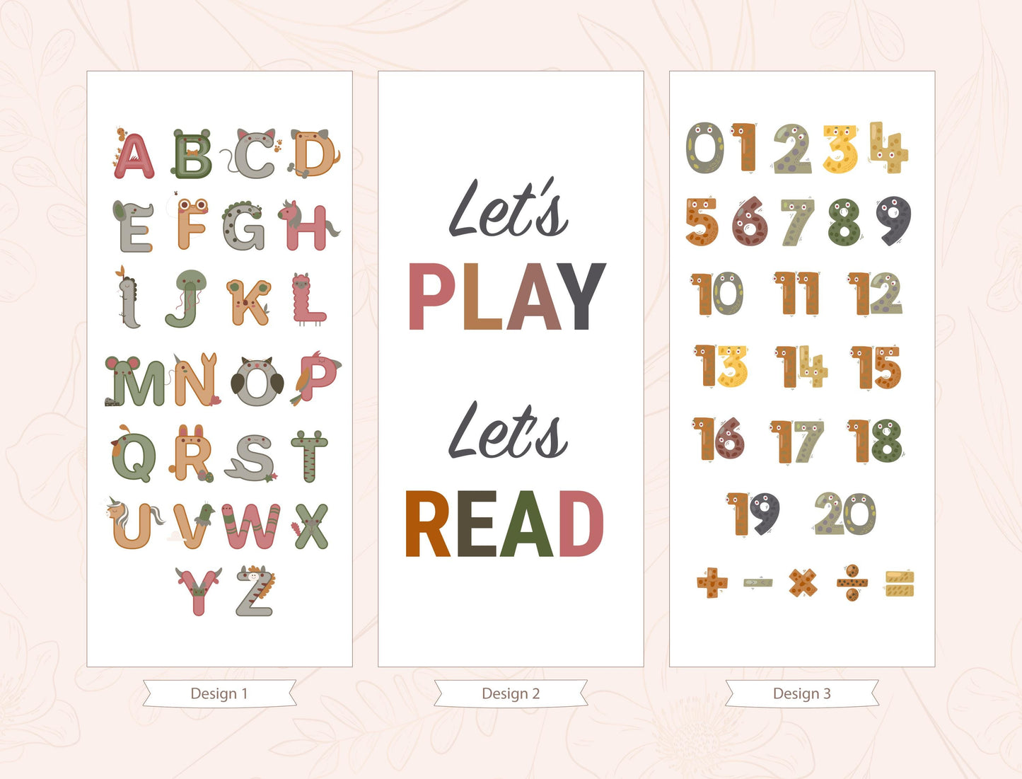 three separate designs, each with a different color scheme and font style. The designs are arranged in a row, with the first design being a colorful alphabet with the text &quot;Let&#39;s PLAY Let&#39;s READ&quot; below it. The second design features numbers and mathematical symbols, and the third design is a colorful alphabet with the text &quot;Let&#39;s PLAY Let&#39;s READ&quot; below it.