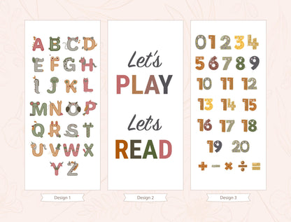 three separate designs, each with a different color scheme and font style. The designs are arranged in a row, with the first design being a colorful alphabet with the text &quot;Let&#39;s PLAY Let&#39;s READ&quot; below it. The second design features numbers and mathematical symbols, and the third design is a colorful alphabet with the text &quot;Let&#39;s PLAY Let&#39;s READ&quot; below it.
