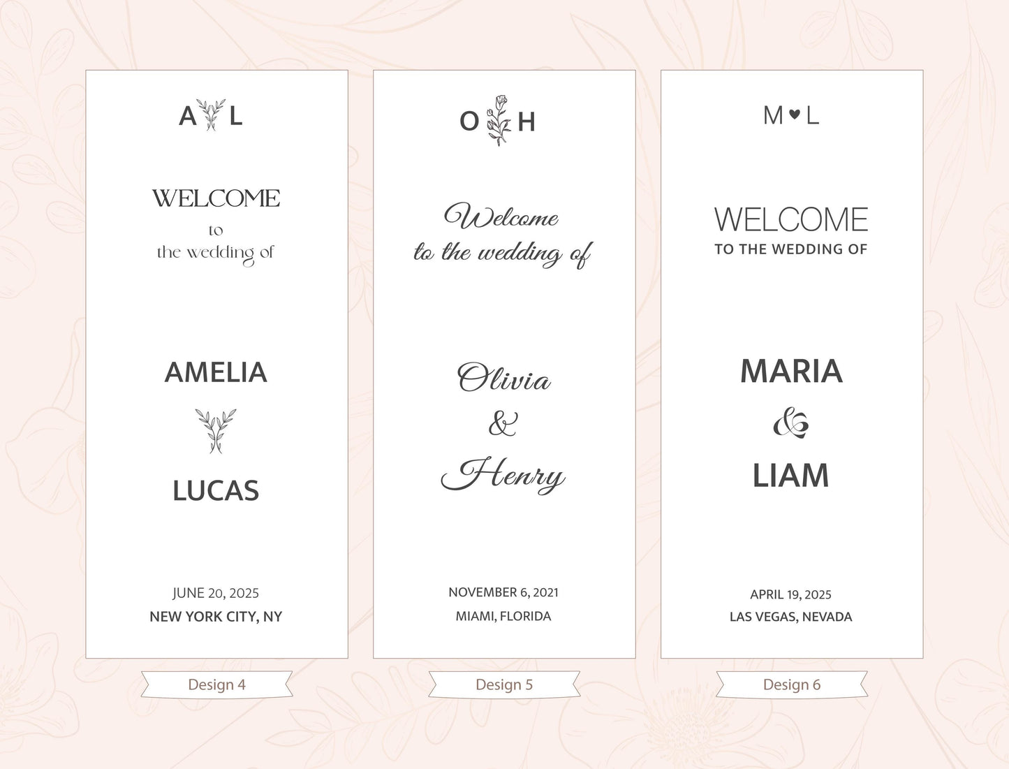 three identical vertical banners with text welcoming guests to the wedding of two individuals, Amelia and Lucas. The banners are designed in a clean, elegant style with a simple color palette and minimal text.