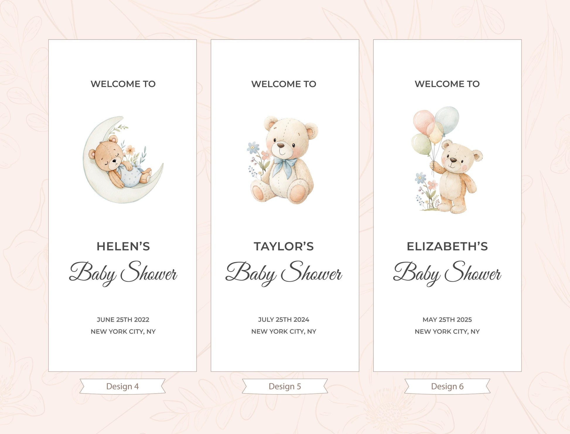 three identical banners with baby shower announcements. Each banner features a teddy bear and balloons, and includes the names of the expectant parents, Helen and Taylor, along with the dates of their baby showers.