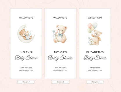 three identical banners with baby shower announcements. Each banner features a teddy bear and balloons, and includes the names of the expectant parents, Helen and Taylor, along with the dates of their baby showers.