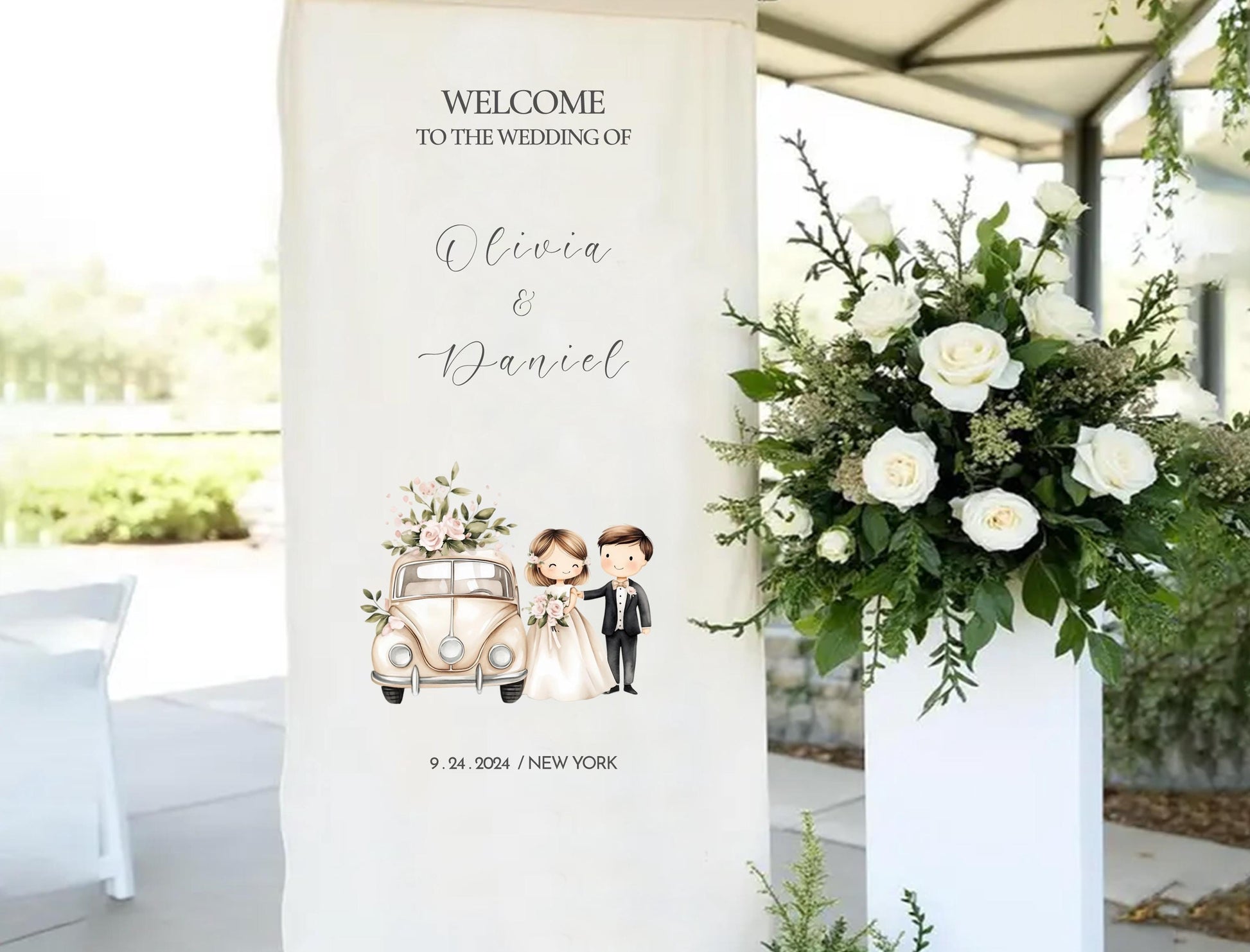 a wedding invitation banner with illustrations of a bride and groom, along with the text &quot;Welcome to the Wedding of Olivia & Daniel&quot; and the date &quot;9.24.2024 / NEW YORK&quot;.