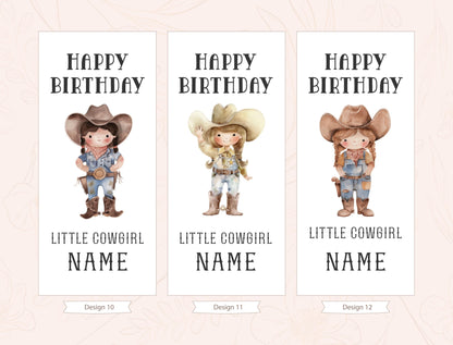 three birthday cards with cartoon cowgirl characters. Each card has a happy birthday message and a name for the birthday girl.
