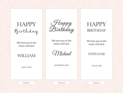three birthday cards with personalized messages for William, Michael, and Stephanie. The cards are arranged in a row, and each card has a unique design and message.