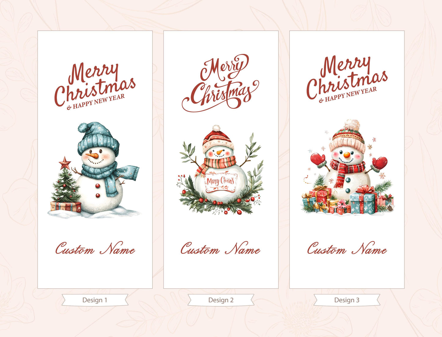 three Christmas-themed banners with snowmen and presents, each with a unique design and name.