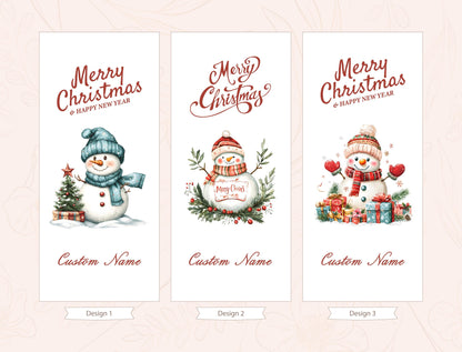 three Christmas-themed banners with snowmen and presents, each with a unique design and name.