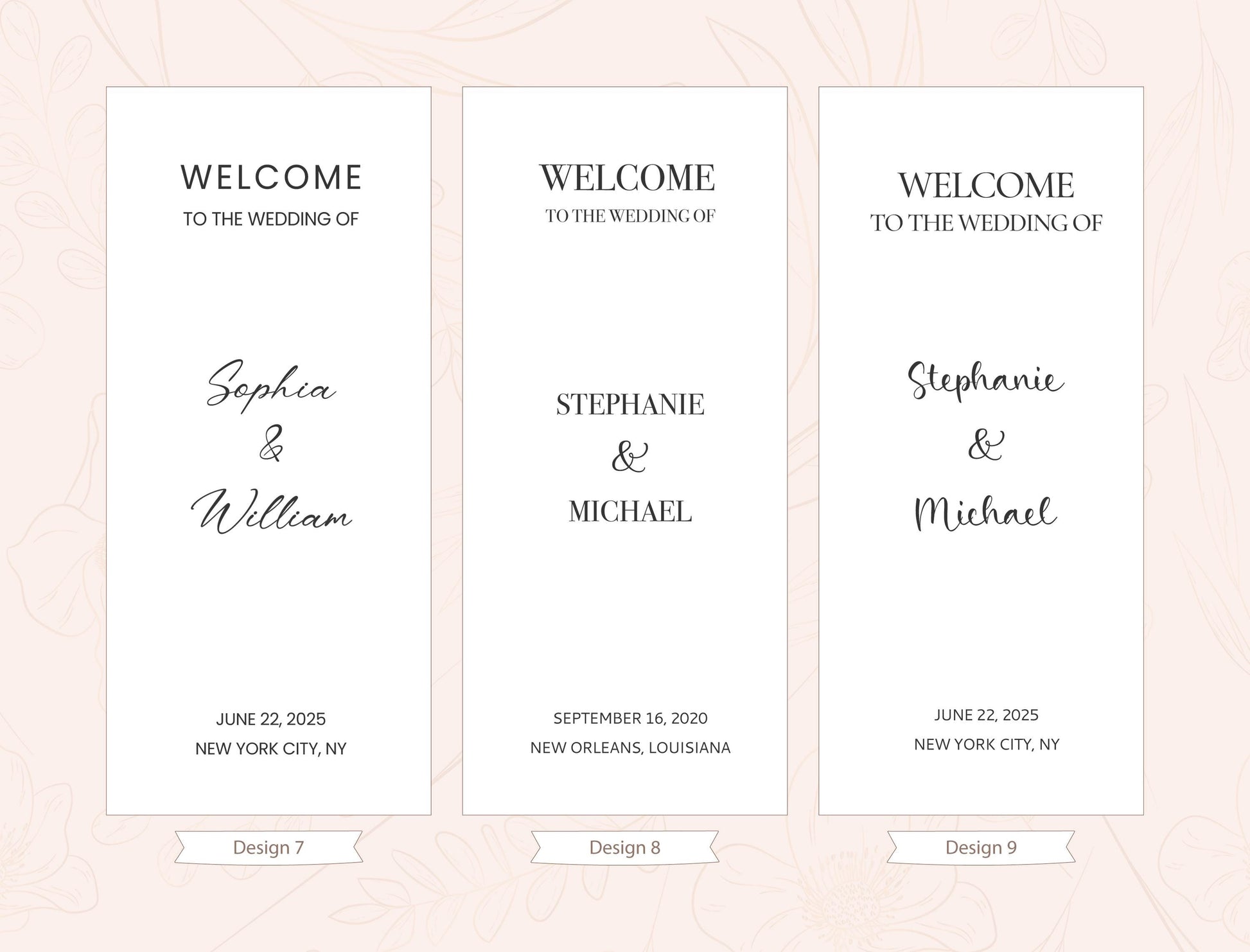 three identical wedding welcome cards, each with a different name and date. The cards are arranged in a row, and the text on each card is identical, welcoming the wedding of two individuals named Stephanie and Michael.