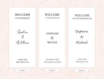 three identical wedding welcome cards, each with a different name and date. The cards are arranged in a row, and the text on each card is identical, welcoming the wedding of two individuals named Stephanie and Michael.