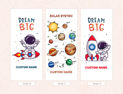three banners with space-themed illustrations and text. The banners feature an astronaut, planets, and a rocket ship. The text on the banners includes &quot;DREAM BIG&quot; and &quot;CUSTOM NAME&quot; along with the numbers &quot;Design 10&quot;, &quot;Design 11&quot;, and &quot;Design 12&quot;.