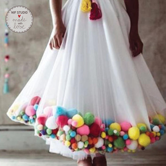 White Tulle Skirt – Custom Tutu Skirt With Elastic Waistband | Party Pom Pom