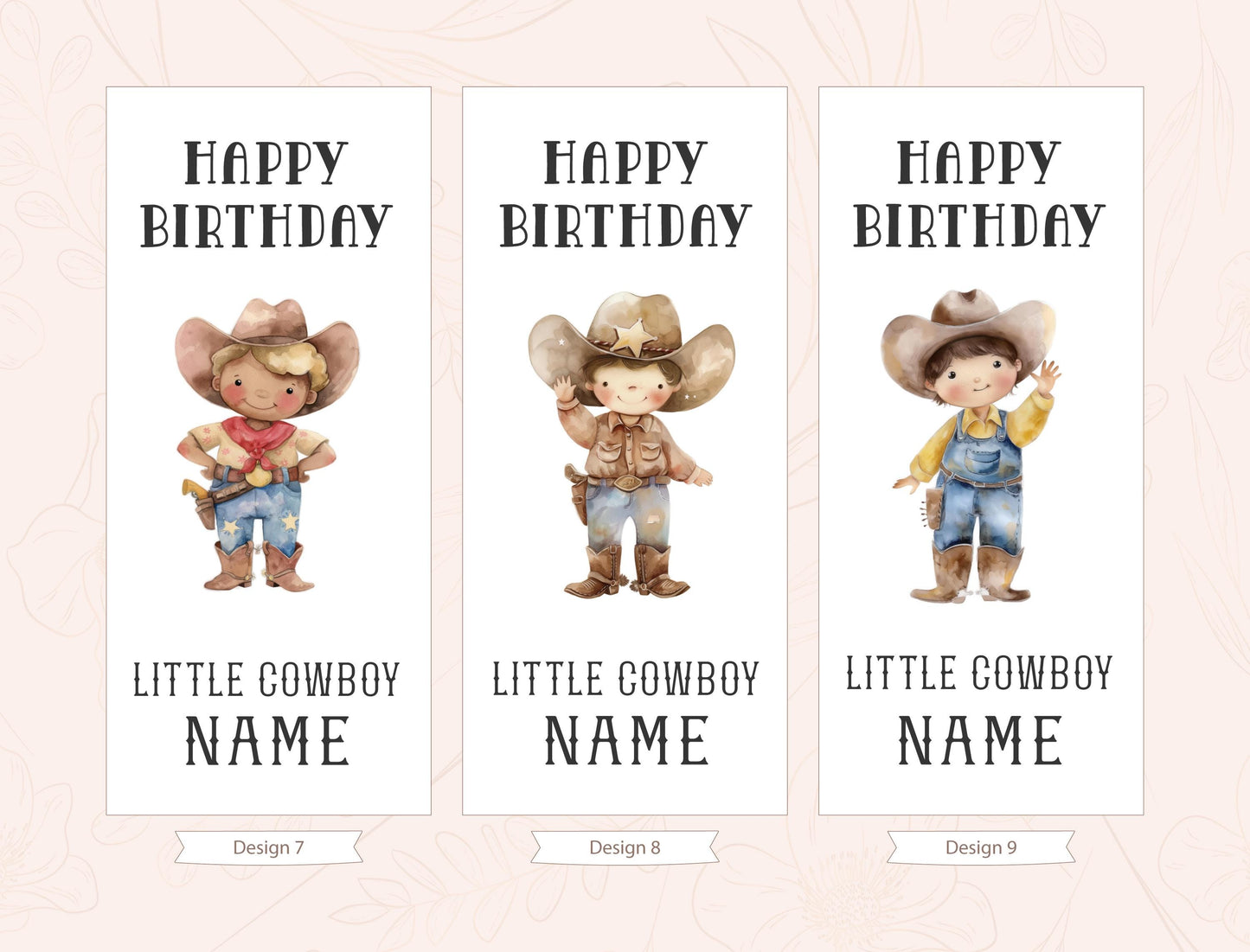three birthday cards with cartoon cowboy characters on them. Each card has a happy birthday message and a name for the birthday boy.