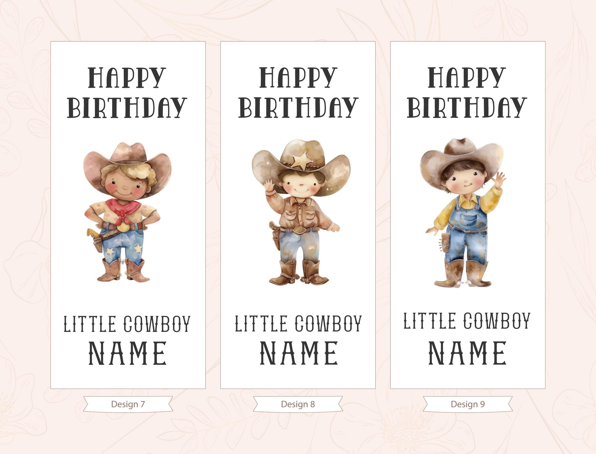 three birthday cards with cartoon cowboy characters on them. Each card has a happy birthday message and a name for the birthday boy.