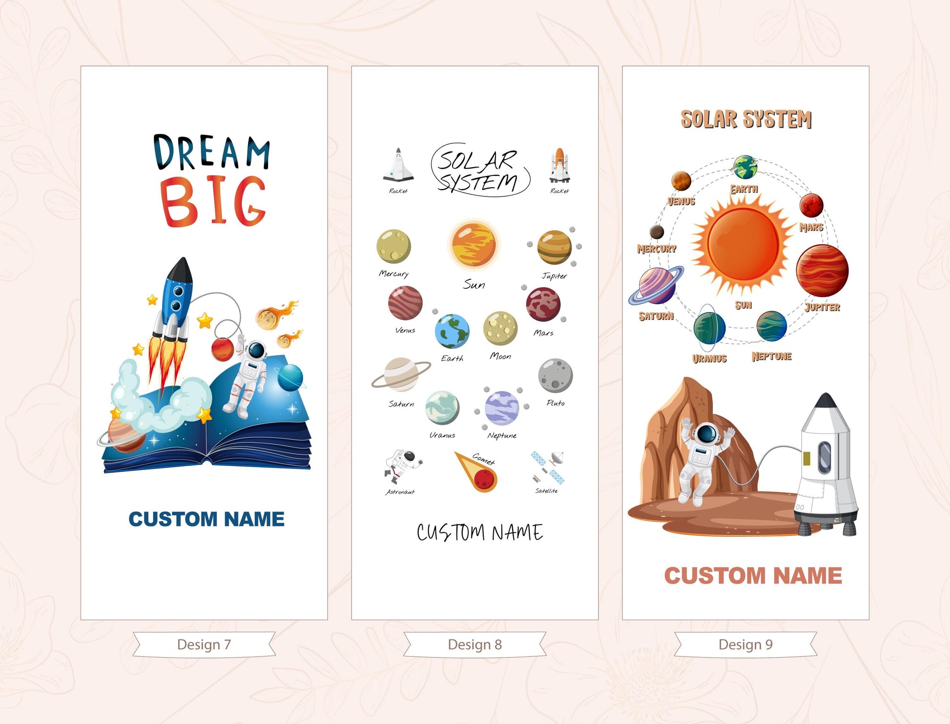 three banners with different designs related to space and astronomy. The first banner has a rocket ship and planets, the second banner has a solar system, and the third banner has a rocket ship and planets.