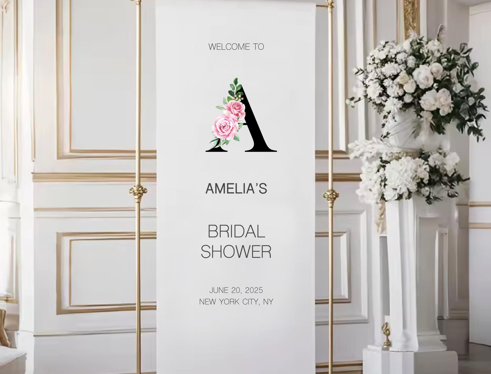 a banner for a bridal shower, with a floral design and text welcoming guests to the event.