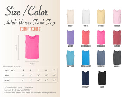 The image is a collage of various adult unisex tank tops in different colors, sizes, and styles, along with a measurement chart for the tank tops.