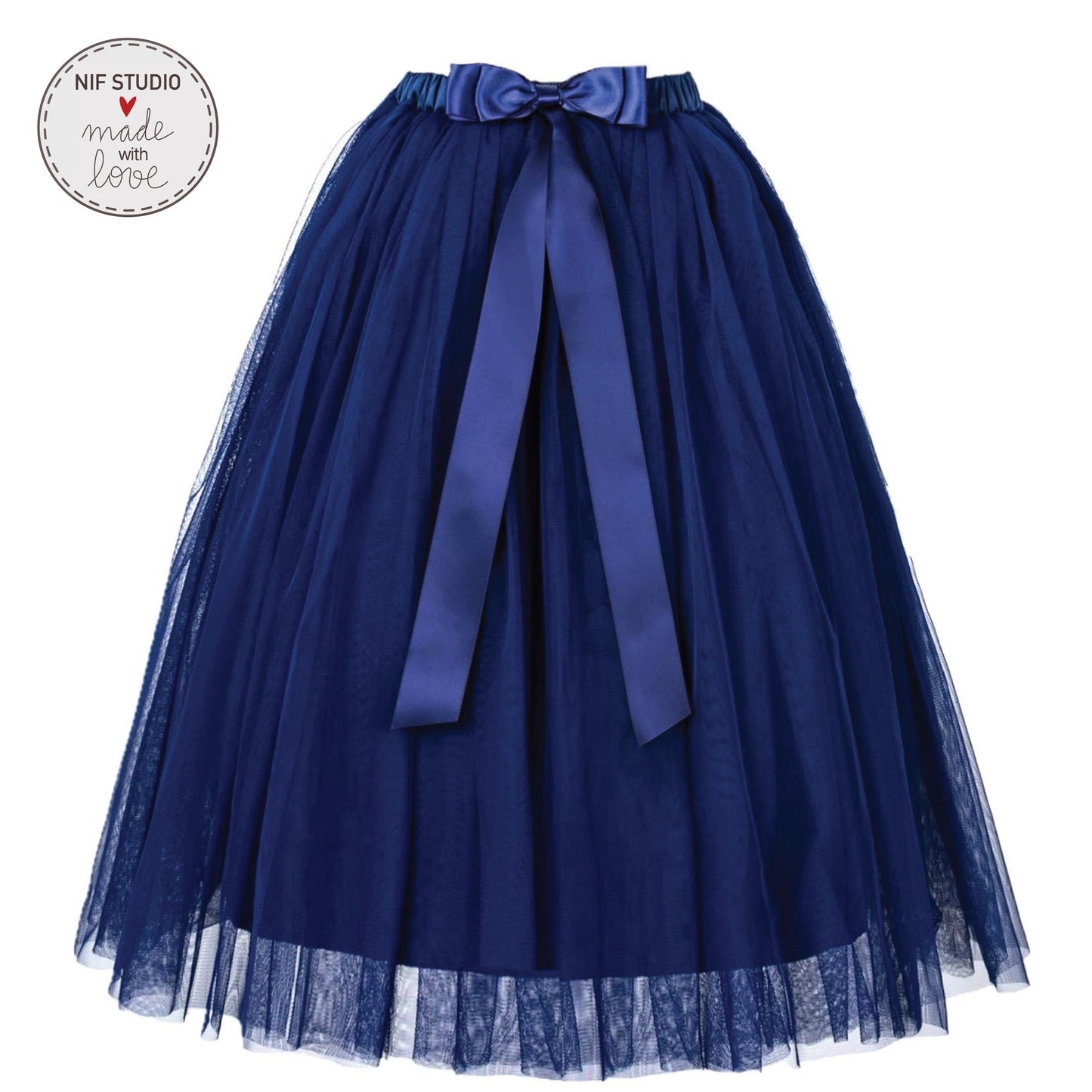 A navy blue tulle skirt with a blue ribbon bow.