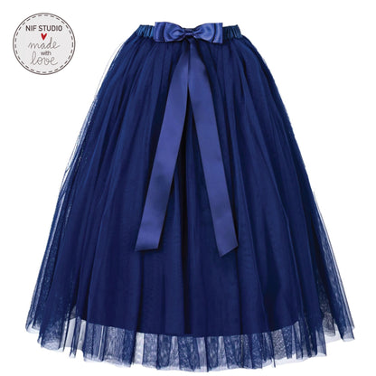 A navy blue tulle skirt with a blue ribbon bow.