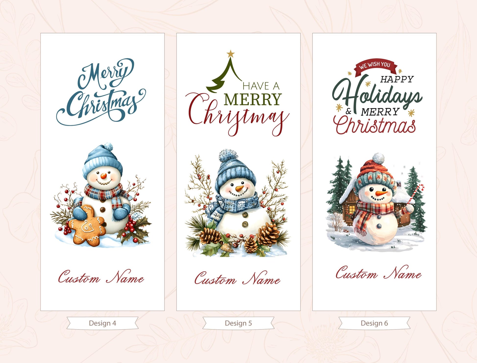 three Christmas-themed banners with snowmen and holiday decorations. Each banner has a unique design and a different message, such as &quot;Merry Christmas&quot; and &quot;Happy Holidays & Merry Christmas&quot;. The banners are labeled with &quot;Custom Name&quot; and &quot;Design 4&quot;, &quot;Design 5&quot;, and &quot;Design 6&quot;, indicating that they can be customized for individual users.