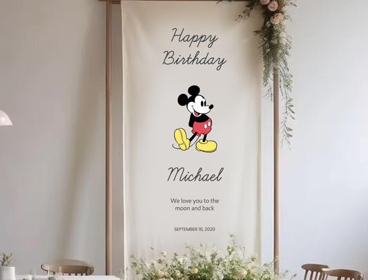 A banner with a Mickey Mouse illustration and a birthday message for Michael.