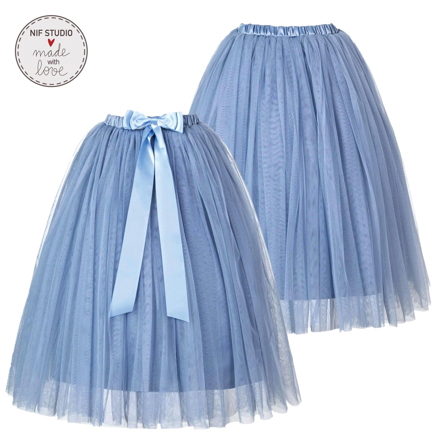 two blue tulle skirts with a light blue ribbon bow.