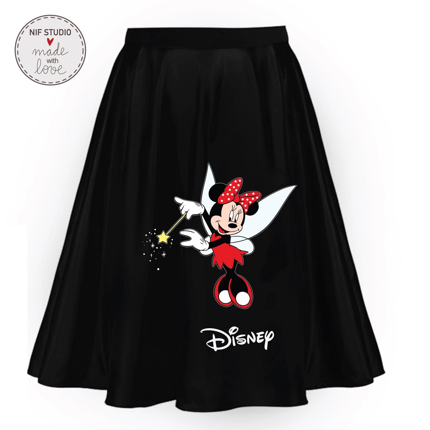 A black skirt with a graphic of Minnie Mouse, a character from the Disney animated film, printed on it.