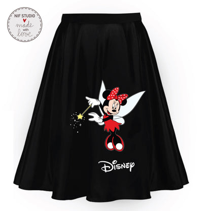 A black skirt with a graphic of Minnie Mouse, a character from the Disney animated film, printed on it.