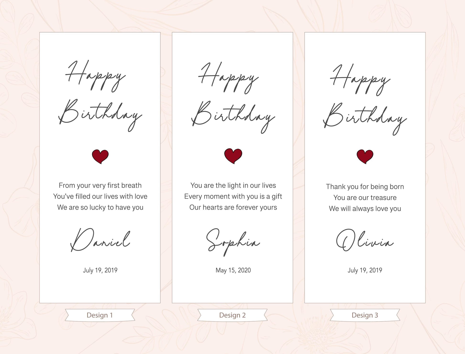 three birthday cards with personalized messages for the recipients. The cards are arranged in a row, each with a unique design and text. The cards are designed to be used as birthday greetings or gifts, expressing gratitude and affection for the birthday person.