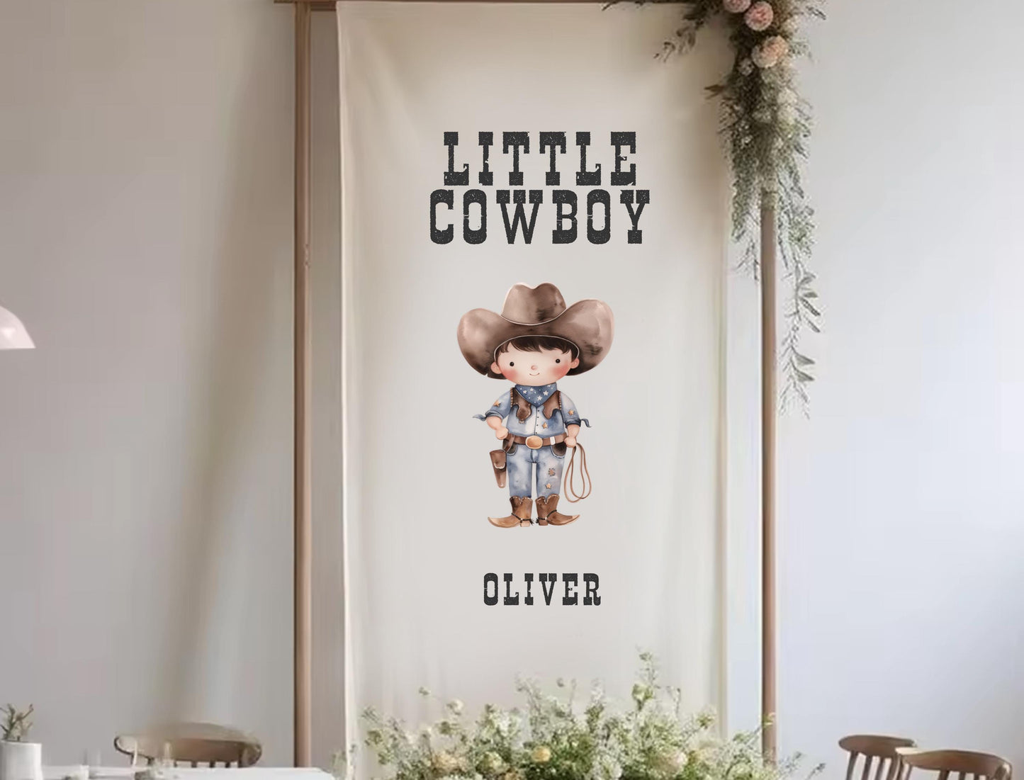 a banner with a cartoon cowboy character and the text &quot;Little Cowboy Oliver&quot; on it.