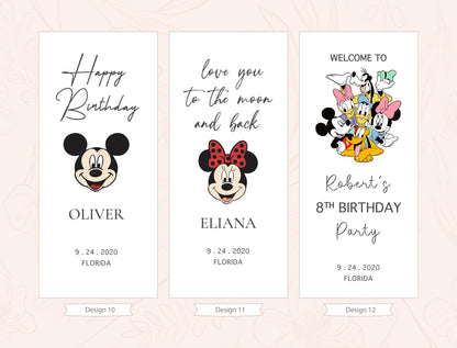 three birthday party invitation cards with different designs and text. The cards are arranged in a row, each with a unique design and message.