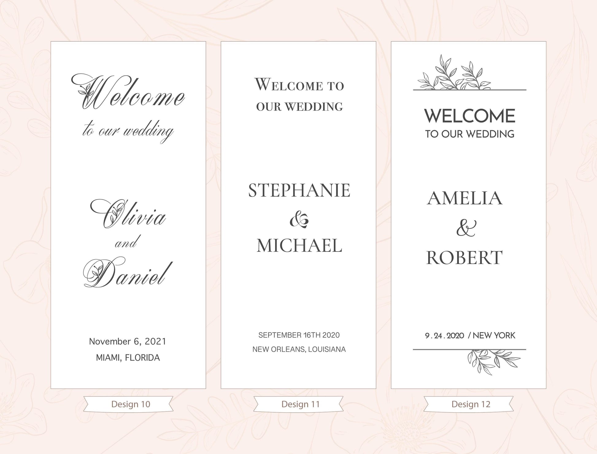 three identical banners with the same design and text, welcoming guests to a wedding.